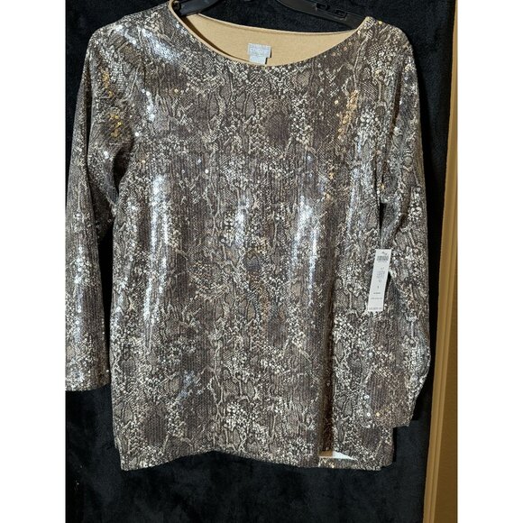 Chicos Python Sequin Knit Top Size 1 Espresso Tan Polyester Spandex - Picture 1 of 4